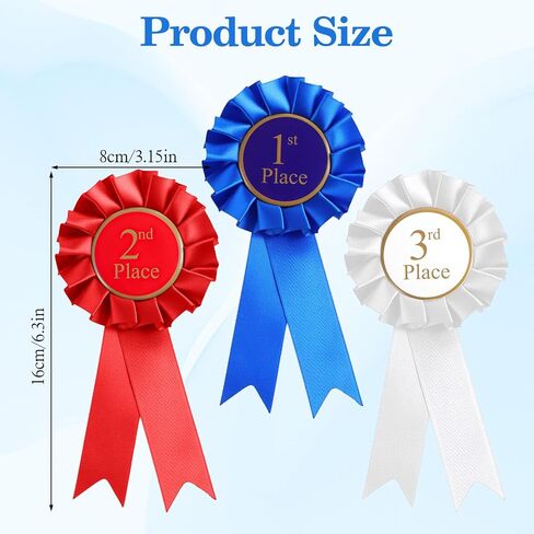 3 Pack Award Ribbons, 1st 2nd 3rd Place Ribbons, Prize Ribbon Blue Red White, First Place Ribbon for Competition & Sports, Participation Winner Award Badges for School Parties, Coaches, Event in Saudi Arabia