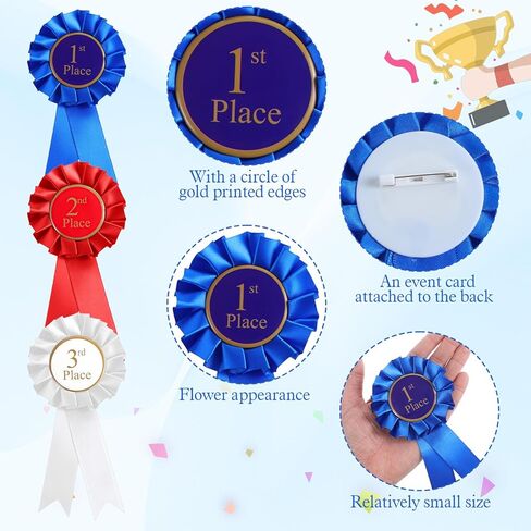 3 Pack Award Ribbons, 1st 2nd 3rd Place Ribbons, Prize Ribbon Blue Red White, First Place Ribbon for Competition & Sports, Participation Winner Award Badges for School Parties, Coaches, Event in Saudi Arabia