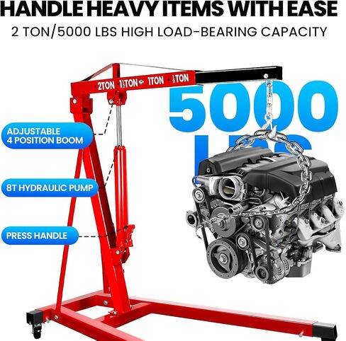 37" L×60" W×56" H Engine Hoist, 2.5 Ton Engine Hoist Cherry Picker with 24" Adjustable Boom, 5000LBS Engine Lift with 360° Casters, Alloy Steel Hoist Stand for Garage (Red) in Saudi Arabia