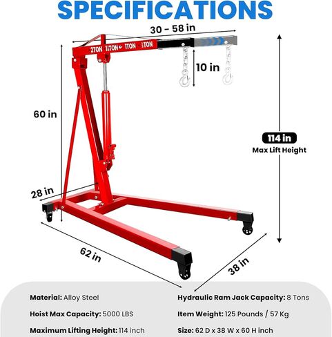 37" L×60" W×56" H Engine Hoist, 2.5 Ton Engine Hoist Cherry Picker with 24" Adjustable Boom, 5000LBS Engine Lift with 360° Casters, Alloy Steel Hoist Stand for Garage (Red) in Saudi Arabia