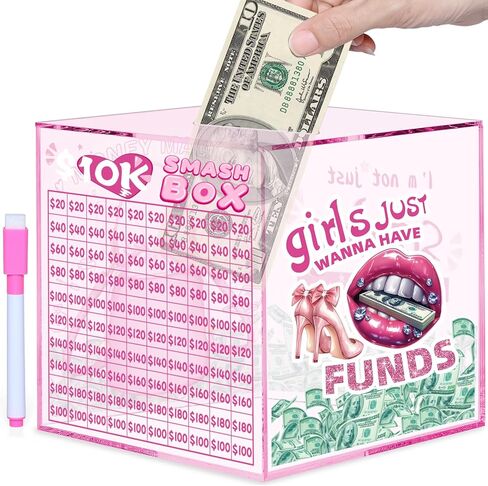 10k Smash Box for Money, Large Piggy Bank for Adults 10000 Savings Challenge Box, Money Saving Box for Cash, Big Unbreakable Clear Acrylic Money Saver Must Break to Open (Pink) in Saudi Arabia