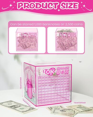 10k Smash Box for Money, Large Piggy Bank for Adults 10000 Savings Challenge Box, Money Saving Box for Cash, Big Unbreakable Clear Acrylic Money Saver Must Break to Open (Pink) in Saudi Arabia