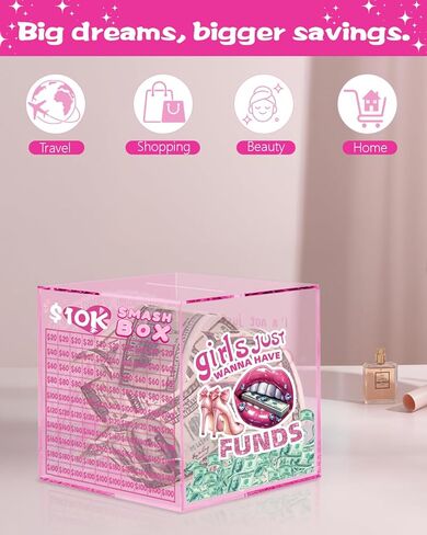 10k Smash Box for Money, Large Piggy Bank for Adults 10000 Savings Challenge Box, Money Saving Box for Cash, Big Unbreakable Clear Acrylic Money Saver Must Break to Open (Pink) in Saudi Arabia