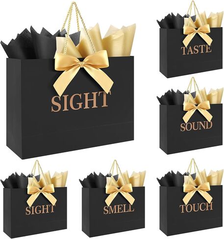 5 Senses Gift Bags for Him Her With Labels,Handles,Ribbon and Tissue Paper, 12.6 X 8.7 X4 Inch Five Senses Paper Bags, Suitable for Birthday Party,Wedding,Anniversary,Christmas,Valentine's Day (White Black) in Saudi Arabia