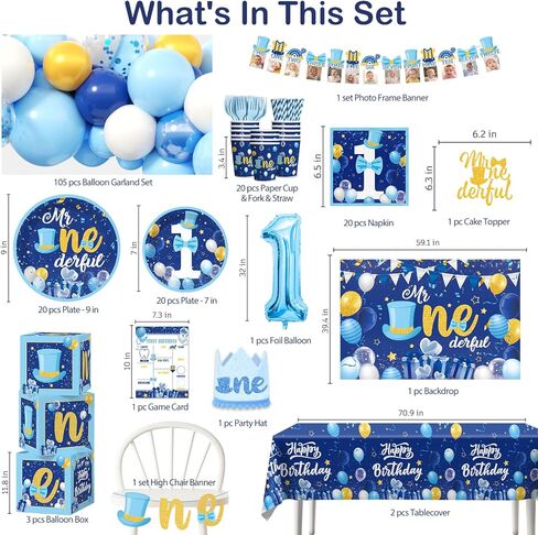 237pcs Mr Onederful Birthday Decorations Complete Party Set, Onederful 1st Birthday Boy Decor Serves 20 Guests, Mr-Onederful Party Supplies includes Balloon Arch and Tableware Kit, etc in Saudi Arabia