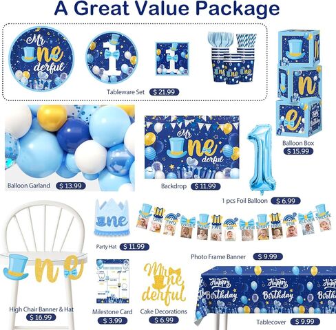 237pcs Mr Onederful Birthday Decorations Complete Party Set, Onederful 1st Birthday Boy Decor Serves 20 Guests, Mr-Onederful Party Supplies includes Balloon Arch and Tableware Kit, etc in Saudi Arabia