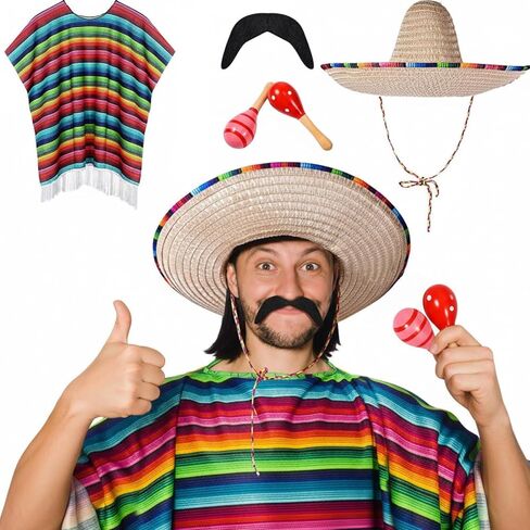Unittype Mexican Party Costume Set Includes Mexican Fiesta Serape Poncho Sombrero Hat Fake Mustache Colorful Maracas Stick Prop in Kuwait