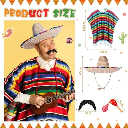 Unittype Mexican Party Costume Set Includes Mexican Fiesta Serape Poncho Sombrero Hat Fake Mustache Colorful Maracas Stick Prop in Kuwait