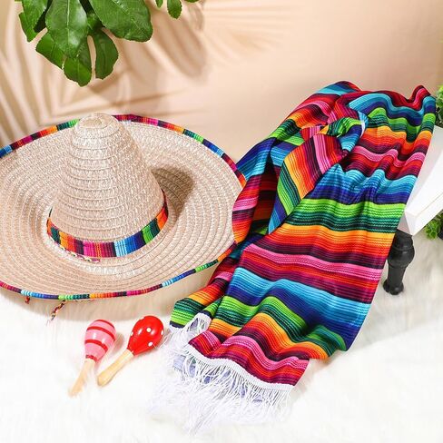 Unittype Mexican Party Costume Set Includes Mexican Fiesta Serape Poncho Sombrero Hat Fake Mustache Colorful Maracas Stick Prop in Kuwait