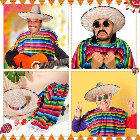 Unittype Mexican Party Costume Set Includes Mexican Fiesta Serape Poncho Sombrero Hat Fake Mustache Colorful Maracas Stick Prop in Kuwait