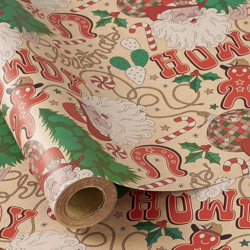 RUSPEPA Kraft Christmas Wrapping Paper Roll, Mini Roll, Western Cowboy Santa Design with Howdy, Horseshoe, Cactus & Candy Canes, Kraft Gift Wrap for Kids, Family, Xmas Holiday, 17 Inches x 16.4 Feet in Saudi Arabia