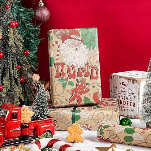 RUSPEPA Kraft Christmas Wrapping Paper Roll, Mini Roll, Western Cowboy Santa Design with Howdy, Horseshoe, Cactus & Candy Canes, Kraft Gift Wrap for Kids, Family, Xmas Holiday, 17 Inches x 16.4 Feet in Saudi Arabia