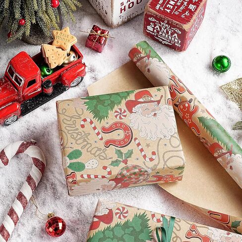 RUSPEPA Kraft Christmas Wrapping Paper Roll, Mini Roll, Western Cowboy Santa Design with Howdy, Horseshoe, Cactus & Candy Canes, Kraft Gift Wrap for Kids, Family, Xmas Holiday, 17 Inches x 16.4 Feet in Saudi Arabia
