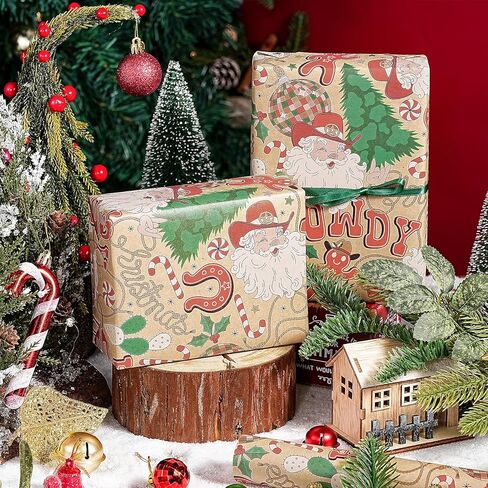 RUSPEPA Kraft Christmas Wrapping Paper Roll, Mini Roll, Western Cowboy Santa Design with Howdy, Horseshoe, Cactus & Candy Canes, Kraft Gift Wrap for Kids, Family, Xmas Holiday, 17 Inches x 16.4 Feet in Saudi Arabia