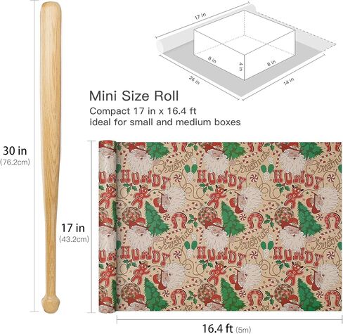 RUSPEPA Kraft Christmas Wrapping Paper Roll, Mini Roll, Western Cowboy Santa Design with Howdy, Horseshoe, Cactus & Candy Canes, Kraft Gift Wrap for Kids, Family, Xmas Holiday, 17 Inches x 16.4 Feet in Saudi Arabia