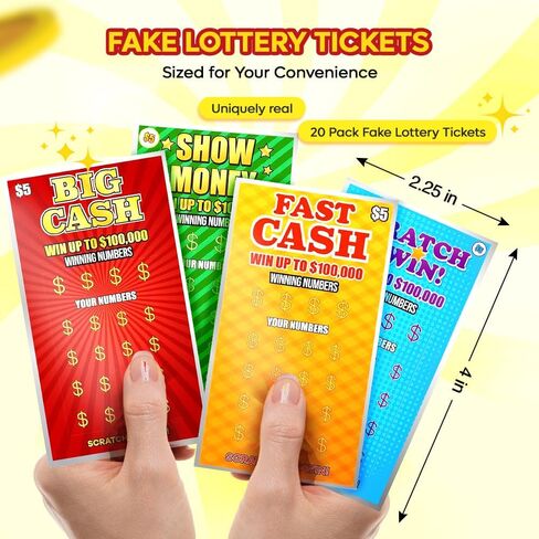 20 Pack Fake Lottery Tickets 2.25 x 4 Inches - Ultra Realistic Prank Scratch Off Tickets, $100K Winning Cards - Funny Gag Gift for Adults, Easy-to-Scratch, White Elephant, Parties & Stress-Free Laughs in Saudi Arabia