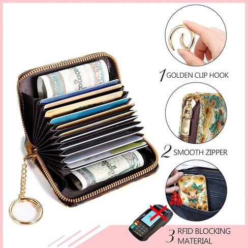 Credit Card Holder for Women, Tropical Leaves Abstract Small RFID Wallet with Zipper, Card Keychain Wallet, Leather Card Case, Business RFID Blocking Accordion Purse Wallet Gift in Kuwait
