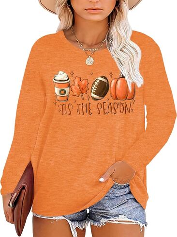 Plus Size Halloween Pumpkin T Shirt Women Long Sleeve Fall Graphic Tees Thanksgiving Gift Tops Blouse in Kuwait