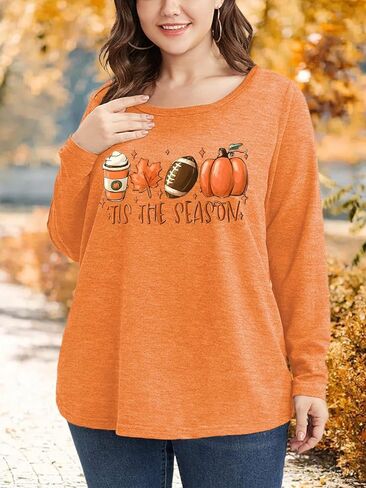 Plus Size Halloween Pumpkin T Shirt Women Long Sleeve Fall Graphic Tees Thanksgiving Gift Tops Blouse in Kuwait