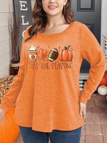 Plus Size Halloween Pumpkin T Shirt Women Long Sleeve Fall Graphic Tees Thanksgiving Gift Tops Blouse in Kuwait