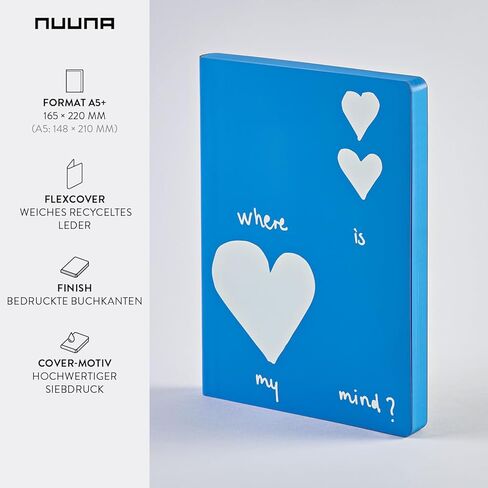 nuuna Notebook A5+ | Graphic L - Where Is My Mind? | 3.5 mm Dot Grid | 256 Numbered Pages | 120 g Premium Paper | Blue Leather | Sustainably Produced in Germany in Saudi Arabia