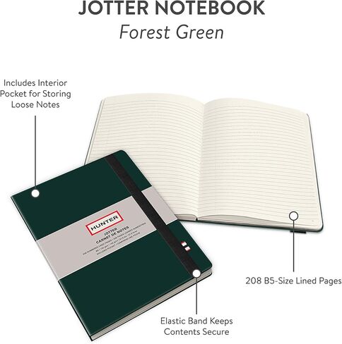 Hunter - دفتر ملاحظات Jotter، مجلة مبطنة مقاس 10 بوصة × 7 بوصة مع 208 صفحة بحجم B5 للعمل والمذكرات والكتابة وتدوين الملاحظات، شريط مطاطي وجيب داخلي للملاحظات السائبة، أوراق مرقمة، أخضر غابي in Kuwait
