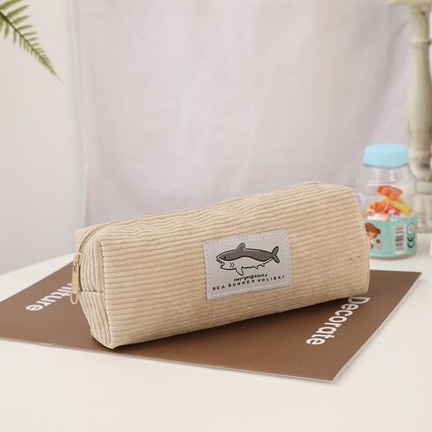 Shark Embroidery Corduroy Pencil Case, Cute Pen Bag with Zipper, Soft Stationery Organizer Pouch for School, Multi-Color Pouch in Saudi Arabia