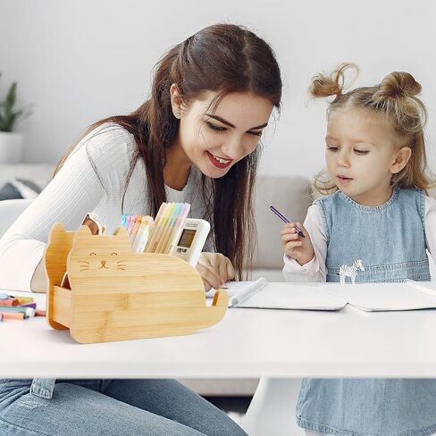 حامل جهاز التحكم عن بعد من الخيزران من ريتون مع 4 حجرات، منظم قلم لطيف على شكل سحابة، صندوق تخزين حامل جهاز التحكم عن بعد للتلفزيون مناسب لمستلزمات مكتب فرشاة المكياج ووحدة التحكم في الوسائط (القطط) in Kuwait