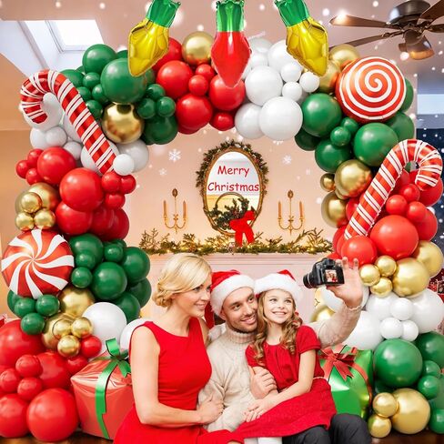 طقم قوس بالونات عيد الميلاد 169 قطعة مع بالونات حمراء وأخضر وأبيض وذهبية، وقصب حلوى، وصندوق هدايا، وبالونات فويل لمبة إضاءة، ومستلزمات حفلات عيد الميلاد، وديكورات حفلات عيد الميلاد in Kuwait