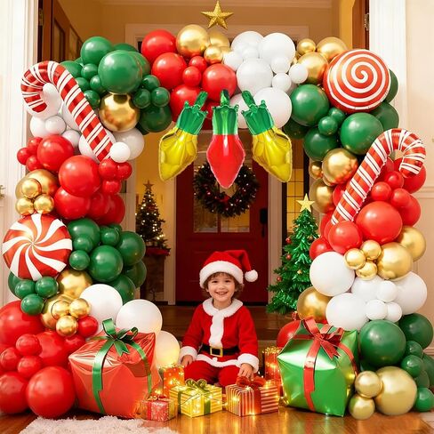 طقم قوس بالونات عيد الميلاد 169 قطعة مع بالونات حمراء وأخضر وأبيض وذهبية، وقصب حلوى، وصندوق هدايا، وبالونات فويل لمبة إضاءة، ومستلزمات حفلات عيد الميلاد، وديكورات حفلات عيد الميلاد in Kuwait