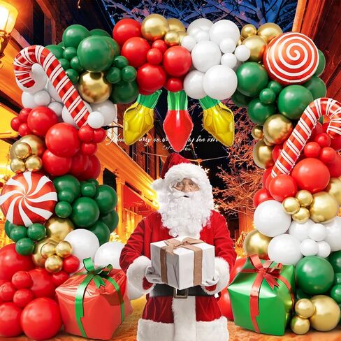 طقم قوس بالونات عيد الميلاد 169 قطعة مع بالونات حمراء وأخضر وأبيض وذهبية، وقصب حلوى، وصندوق هدايا، وبالونات فويل لمبة إضاءة، ومستلزمات حفلات عيد الميلاد، وديكورات حفلات عيد الميلاد in Kuwait