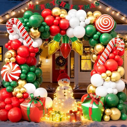 طقم قوس بالونات عيد الميلاد 169 قطعة مع بالونات حمراء وأخضر وأبيض وذهبية، وقصب حلوى، وصندوق هدايا، وبالونات فويل لمبة إضاءة، ومستلزمات حفلات عيد الميلاد، وديكورات حفلات عيد الميلاد in Kuwait