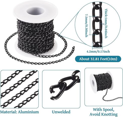 Pandahall 32.8 Ft Black Aluminium Curb Chain 7x4x1mm Black Aluminium Thin Chain Rack Plating Twisted Link Chains for Jewelry Making Necklace Bracelet in Saudi Arabia