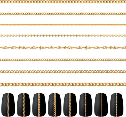 8 Strips Nail Art Chains, Gold Nails Jewelry Chain, 3D Manicure Art Chain, Metal Nail Charm Decoration for DIY Manicure Making in Saudi Arabia