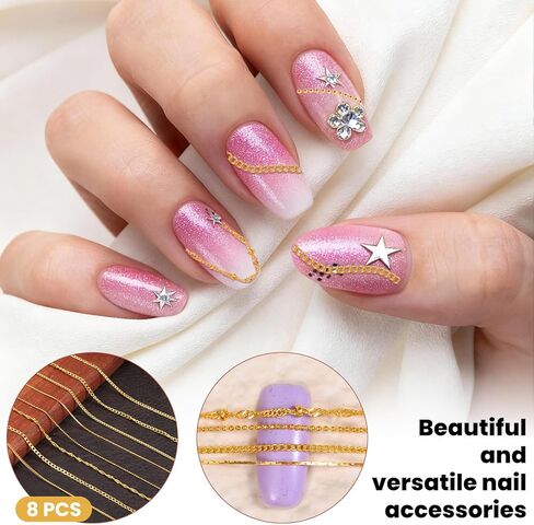 8 Strips Nail Art Chains, Gold Nails Jewelry Chain, 3D Manicure Art Chain, Metal Nail Charm Decoration for DIY Manicure Making in Saudi Arabia
