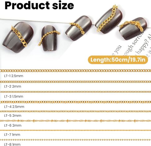 8 Strips Nail Art Chains, Gold Nails Jewelry Chain, 3D Manicure Art Chain, Metal Nail Charm Decoration for DIY Manicure Making in Saudi Arabia