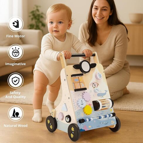 PairPear Wooden Baby Walker Push and Pull Learning Activity Walker,Toddler Sit to Stand Push Walker Toys Gift for Baby Boys and Girls 12 m+ （Pink Rabbit） in Kuwait
