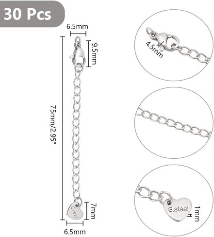 UNICRAFTALE 30Pcs 304 Stainless Steel Curb Chain Extender End Chains with Lobster Claw Clasps and Heart Chain Tabs 75mm Long Bracelet Necklace Extension Chains for DIY Jewelry Making in Saudi Arabia