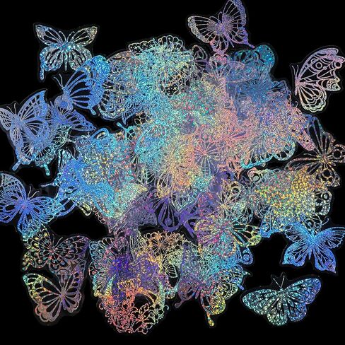 100Pcs Butterfly Holographic Stickers, Waterproof Transparent Vintage Butterfly Decals, Pretty Shiny Glitter for Scrapbooking, Journals, Water Bottles, Laptops in Saudi Arabia