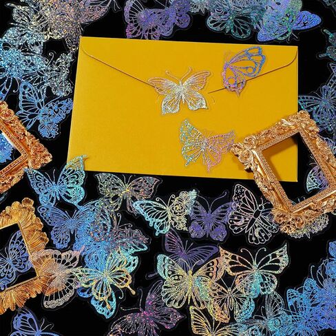 100Pcs Butterfly Holographic Stickers, Waterproof Transparent Vintage Butterfly Decals, Pretty Shiny Glitter for Scrapbooking, Journals, Water Bottles, Laptops in Saudi Arabia