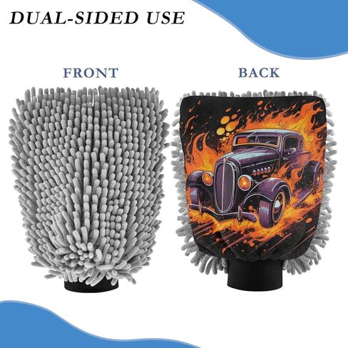 AIXIWAWA Car Wash Mitt Washing Glove Scratch Free Water Absorbent 2 Pack Large Flames Classic Car Print in Saudi Arabia