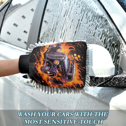 AIXIWAWA Car Wash Mitt Washing Glove Scratch Free Water Absorbent 2 Pack Large Flames Classic Car Print in Saudi Arabia