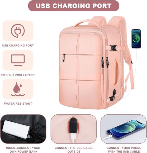 حقيبة ظهر للسفر، حقيبة ظهر سعة 55 لترًا للرجال والنساء معتمدة من الطيران، حقيبة أمتعة كبيرة قابلة للتوسيع، حقيبة نهارية مقاومة للماء طوال الليل، تناسب أجهزة الكمبيوتر المحمولة مقاس 18.4 بوصة، باللون الوردي in Kuwait