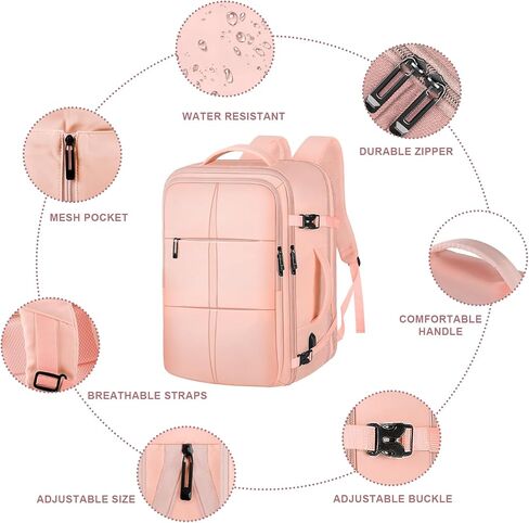 حقيبة ظهر للسفر، حقيبة ظهر سعة 55 لترًا للرجال والنساء معتمدة من الطيران، حقيبة أمتعة كبيرة قابلة للتوسيع، حقيبة نهارية مقاومة للماء طوال الليل، تناسب أجهزة الكمبيوتر المحمولة مقاس 18.4 بوصة، باللون الوردي in Kuwait
