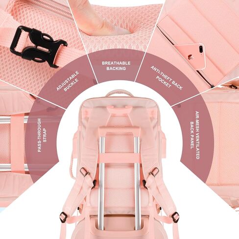 حقيبة ظهر للسفر، حقيبة ظهر سعة 55 لترًا للرجال والنساء معتمدة من الطيران، حقيبة أمتعة كبيرة قابلة للتوسيع، حقيبة نهارية مقاومة للماء طوال الليل، تناسب أجهزة الكمبيوتر المحمولة مقاس 18.4 بوصة، باللون الوردي in Kuwait