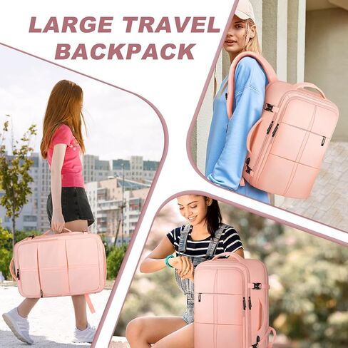 حقيبة ظهر للسفر، حقيبة ظهر سعة 55 لترًا للرجال والنساء معتمدة من الطيران، حقيبة أمتعة كبيرة قابلة للتوسيع، حقيبة نهارية مقاومة للماء طوال الليل، تناسب أجهزة الكمبيوتر المحمولة مقاس 18.4 بوصة، باللون الوردي in Kuwait