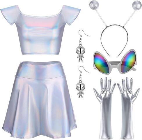 Panitay 8 Pcs Halloween Alien Costume for Women Holographic Metallic Skirt and Top Headband Glove Glasses Earring Necklace in Kuwait