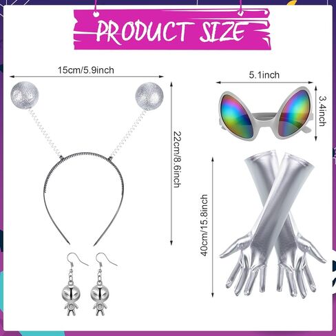 Panitay 8 Pcs Halloween Alien Costume for Women Holographic Metallic Skirt and Top Headband Glove Glasses Earring Necklace in Kuwait