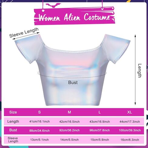 Panitay 8 Pcs Halloween Alien Costume for Women Holographic Metallic Skirt and Top Headband Glove Glasses Earring Necklace in Kuwait