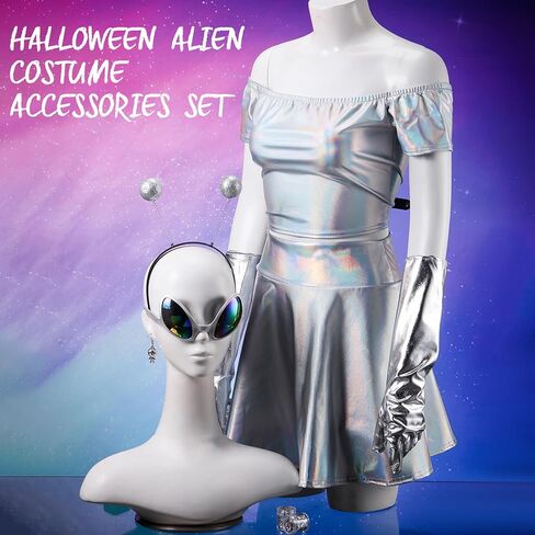 Panitay 8 Pcs Halloween Alien Costume for Women Holographic Metallic Skirt and Top Headband Glove Glasses Earring Necklace in Kuwait